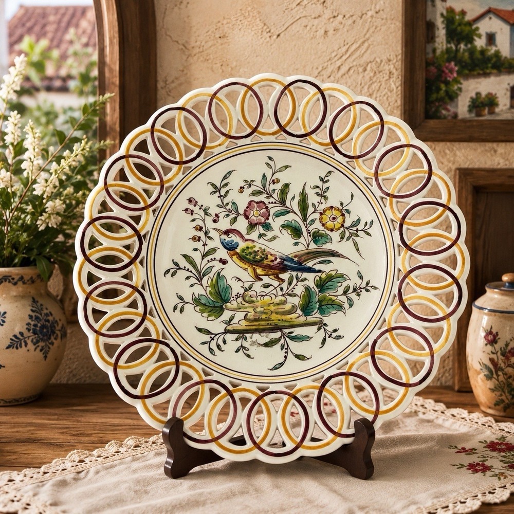 Vintage Hand Painted Portuguese Outeiro Agueda Ceramic Plate Bird Floral 11"